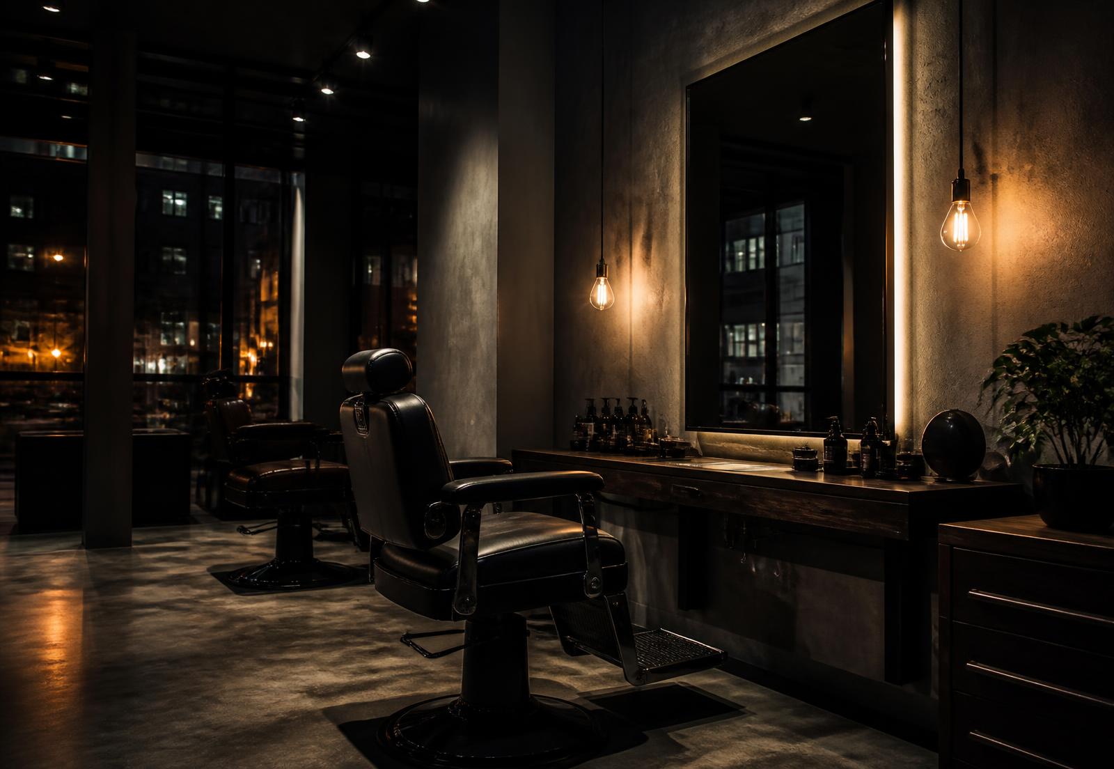 Innenraum von Studio A: Barberstuhl, Spiegel und warmes Licht